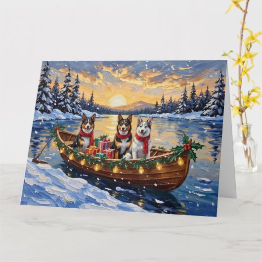 Australian Cattle Dog Christmas Boat Holiday カード (黄色い花)