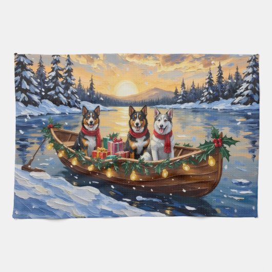 Australian Cattle Dog Christmas Boat Holiday キッチンタオル (横)