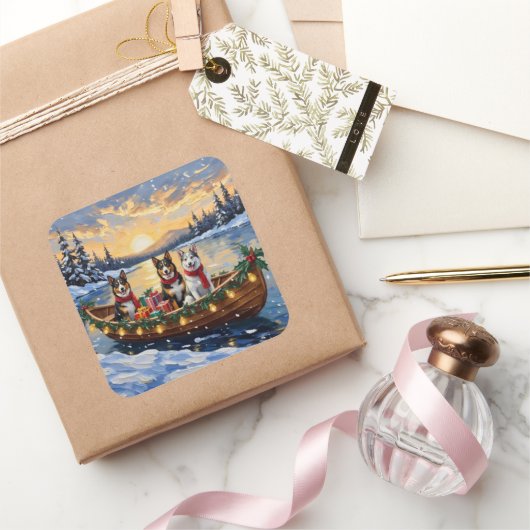 Australian Cattle Dog Christmas Boat Holiday スクエアシール (ギフト)