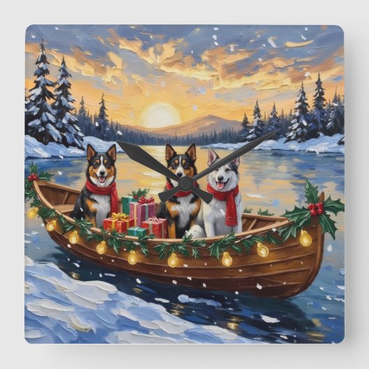 Australian Cattle Dog Christmas Boat Holiday スクエア壁時計 (正面)