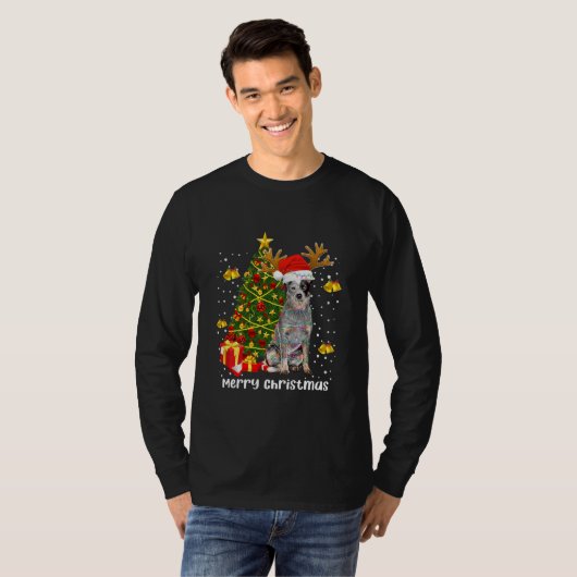 Australian Cattle Dog Christmas Light Tree Santa Tシャツ (正面フル)