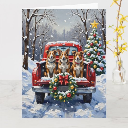 Australian Cattle Dog Christmas Red Truck Holiday カード (黄色い花)
