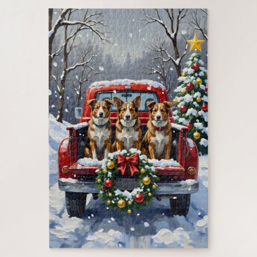 Australian Cattle Dog Christmas Red Truck Holiday ジグソーパズル (縦)