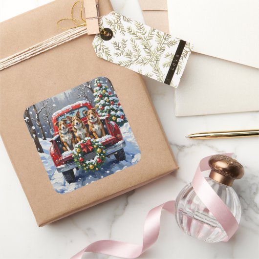 Australian Cattle Dog Christmas Red Truck Holiday スクエアシール (ギフト)
