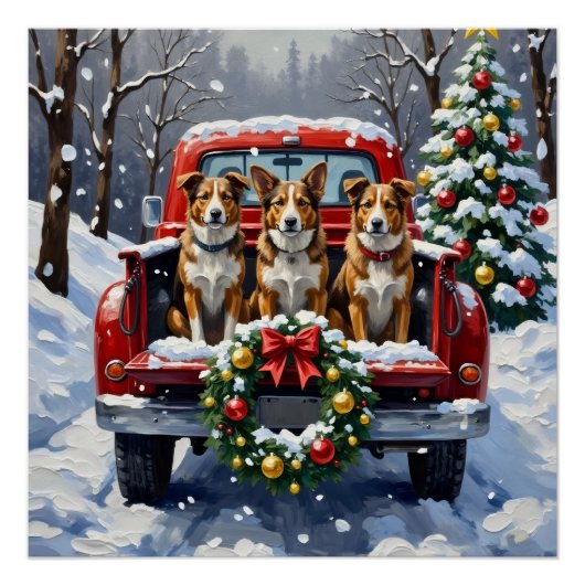 Australian Cattle Dog Christmas Red Truck Holiday ポスター (正面)