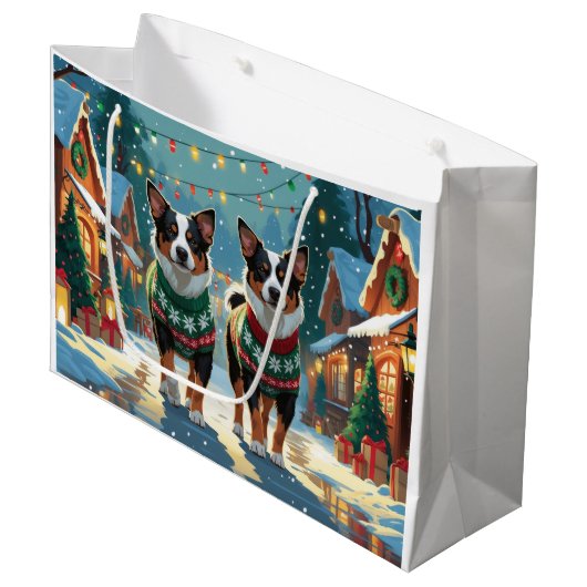 Australian Cattle Dogs Christmas Snow Holiday ラージペーパーバッグ (正面アングル)