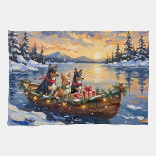 Australian Kelpie Christmas Boat Holiday キッチンタオル (横)