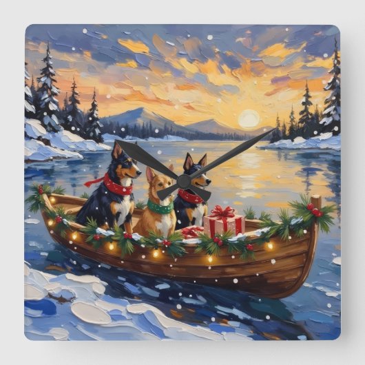 Australian Kelpie Christmas Boat Holiday スクエア壁時計 (正面)