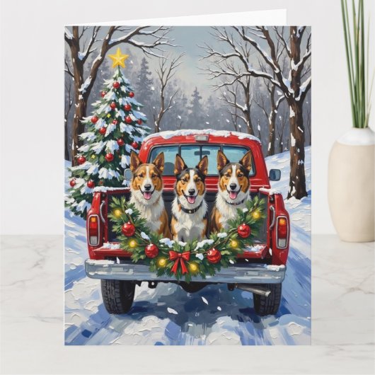 Australian Kelpie Christmas Red Truck Holiday カード (正面)
