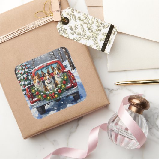 Australian Kelpie Christmas Red Truck Holiday スクエアシール (ギフト)