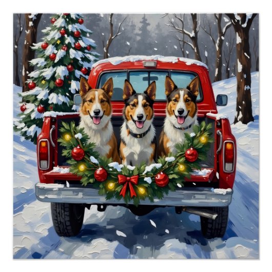 Australian Kelpie Christmas Red Truck Holiday ポスター (正面)