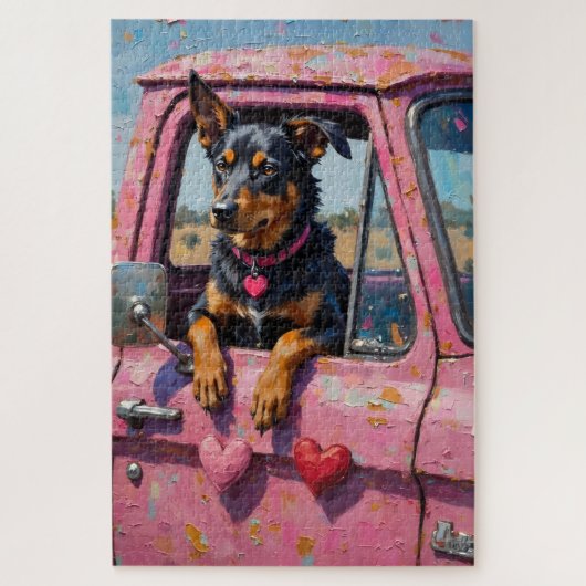Australian Kelpie Dog Valentine's Day Pink Ute ジグソーパズル (縦)