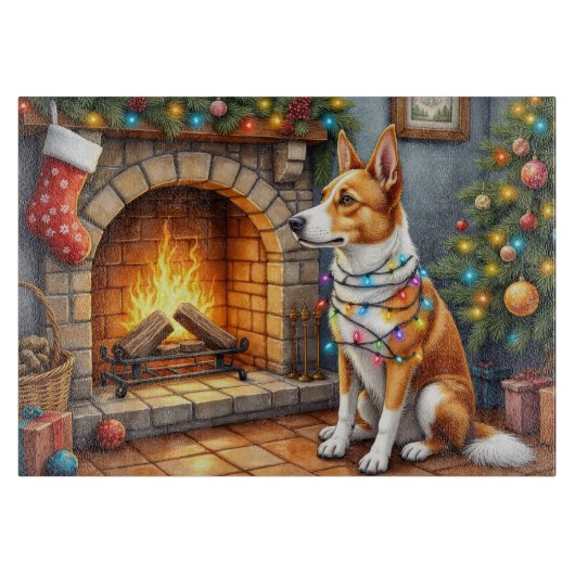 Australian Kelpie Fireplace with Christmas Lights カッティングボード (正面)