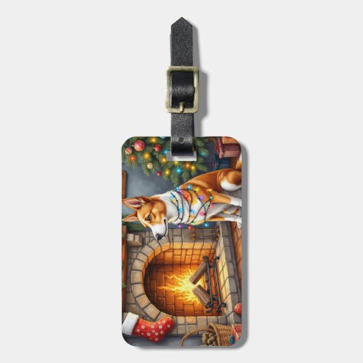 Australian Kelpie Fireplace with Christmas Lights ラゲッジタグ (正面縦)