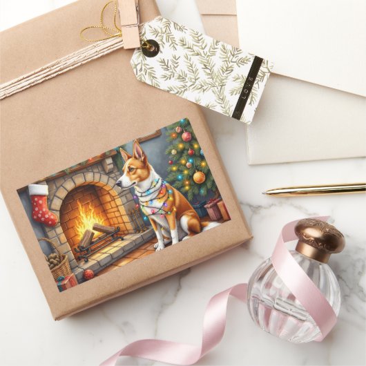 Australian Kelpie Fireplace with Christmas Lights 長方形シール (ギフト)