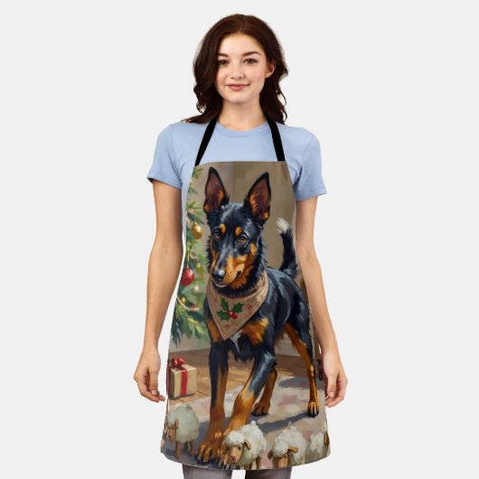 Australian Kelpie Herding Christmas Art エプロン (着用した状態)