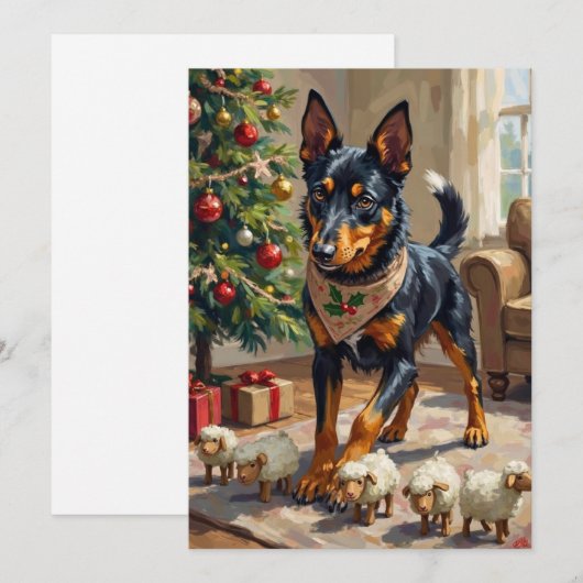 Australian Kelpie Herding Christmas Art シーズンカード (正面/裏面)