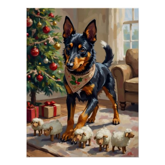 Australian Kelpie Herding Christmas Art ポスター (正面)