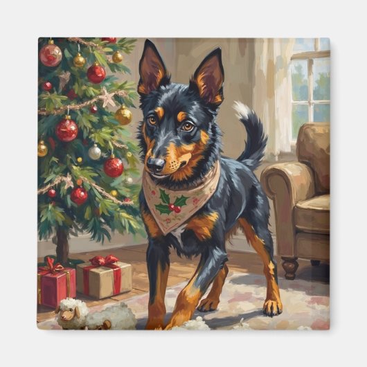 Australian Kelpie Herding Christmas Art マグネット (正面)