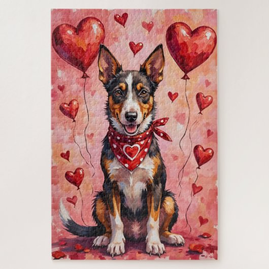 Australian Kelpie Valentine Dog Art with Hearts ジグソーパズル (縦)