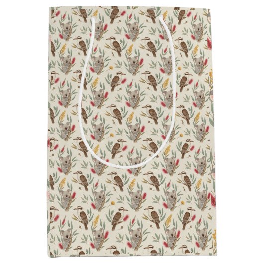 Australian Koalas, Kookaburras and Native Flora ミディアムペーパーバッグ (正面)