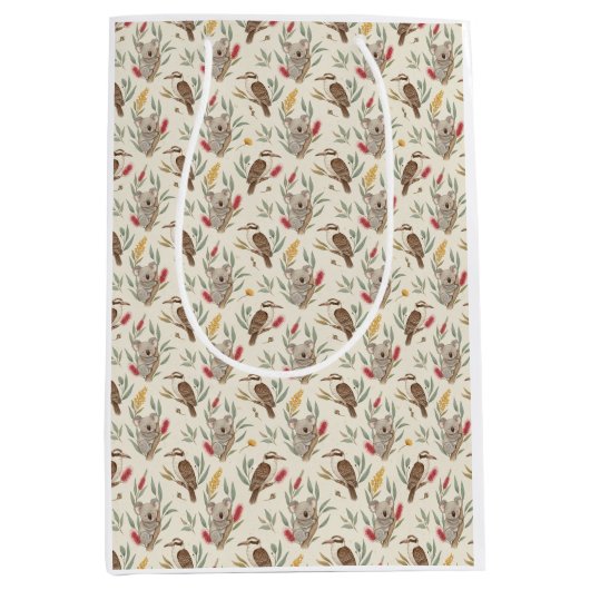 Australian Koalas, Kookaburras and Native Flora ミディアムペーパーバッグ (正面)