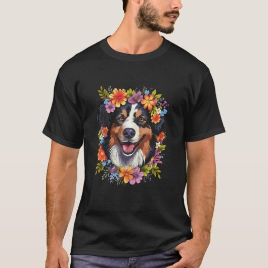 Australian Shepherd Aussie with Flower Crown Retro Tシャツ (正面)