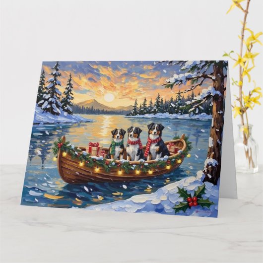Australian Shepherd Christmas Boat Holiday カード (黄色い花)