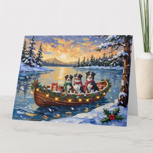 Australian Shepherd Christmas Boat Holiday カード (正面)