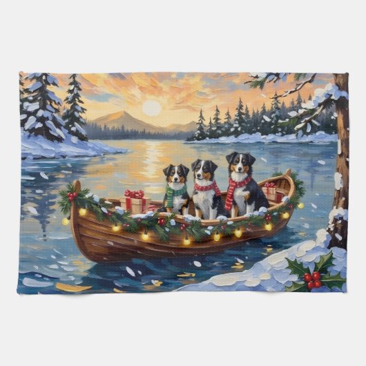 Australian Shepherd Christmas Boat Holiday キッチンタオル (横)