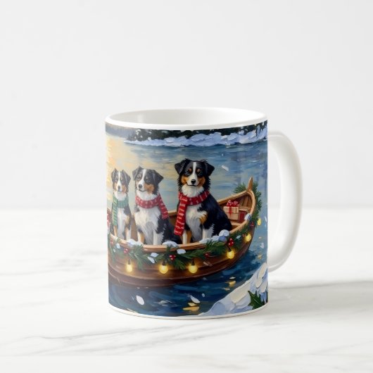Australian Shepherd Christmas Boat Holiday コーヒーマグカップ (正面右)
