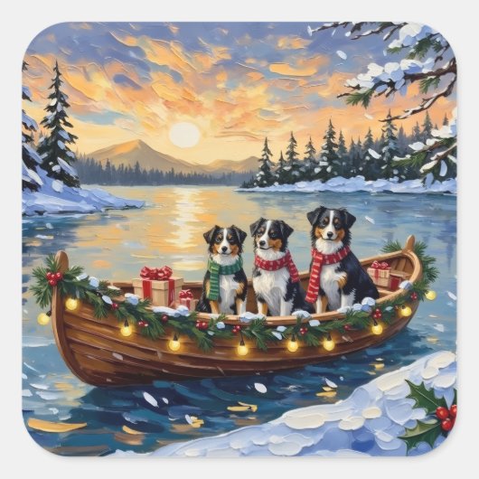 Australian Shepherd Christmas Boat Holiday スクエアシール (正面)