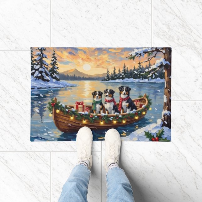 Australian Shepherd Christmas Boat Holiday ドアマット (室内)