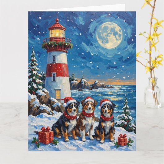 Australian Shepherd Christmas Lighthouse Holiday カード (黄色い花)