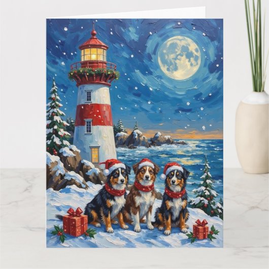 Australian Shepherd Christmas Lighthouse Holiday カード (正面)