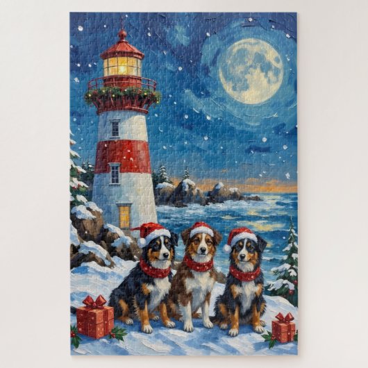 Australian Shepherd Christmas Lighthouse Holiday ジグソーパズル (縦)