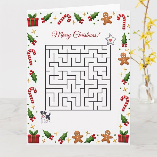 Australian Shepherd Christmas Maze Puzzle Holiday カード (黄色い花)