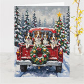 Australian Shepherd Christmas Red Truck Holiday カード (黄色い花)