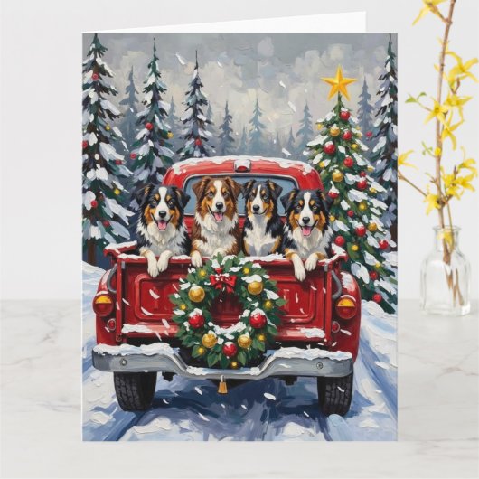 Australian Shepherd Christmas Red Truck Holiday カード (黄色い花)