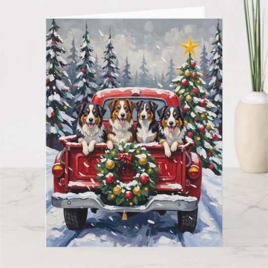 Australian Shepherd Christmas Red Truck Holiday カード (正面)