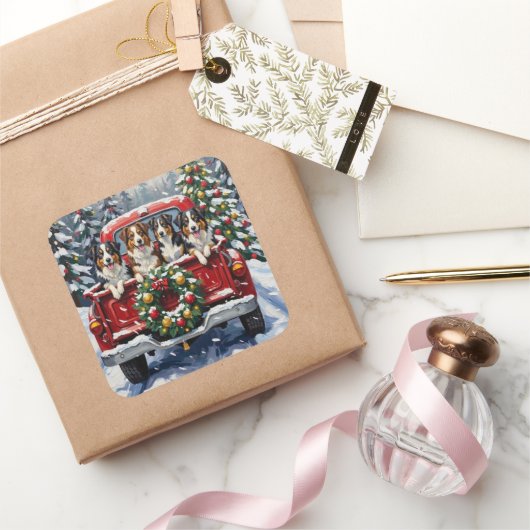 Australian Shepherd Christmas Red Truck Holiday スクエアシール (ギフト)