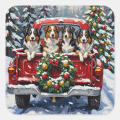 Australian Shepherd Christmas Red Truck Holiday スクエアシール (正面)
