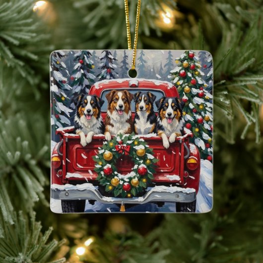 Australian Shepherd Christmas Red Truck Holiday セラミックオーナメント (ツリー)