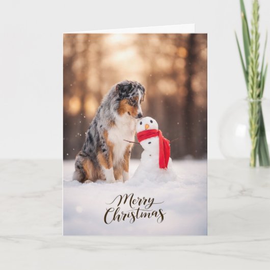 Australian Shepherd Christmas Snowman シーズンカード (正面)