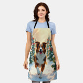 Australian Shepherd Christmas Tree Farm Painting エプロン (着用した状態)