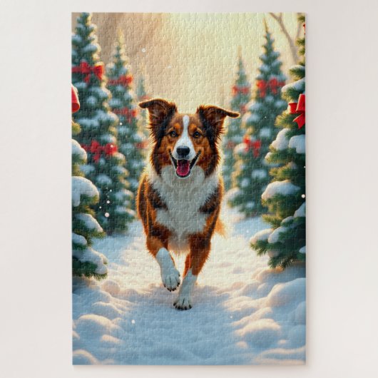 Australian Shepherd Christmas Tree Farm Painting ジグソーパズル (縦)