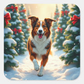 Australian Shepherd Christmas Tree Farm Painting スクエアシール (正面)
