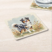 Australian Shepherd Dog Merle Long Tail スクエアペーパーコースター (アングル)