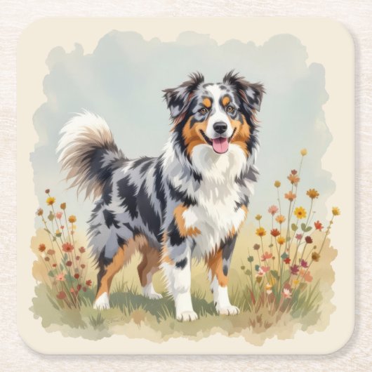 Australian Shepherd Dog Merle Long Tail スクエアペーパーコースター (正面)