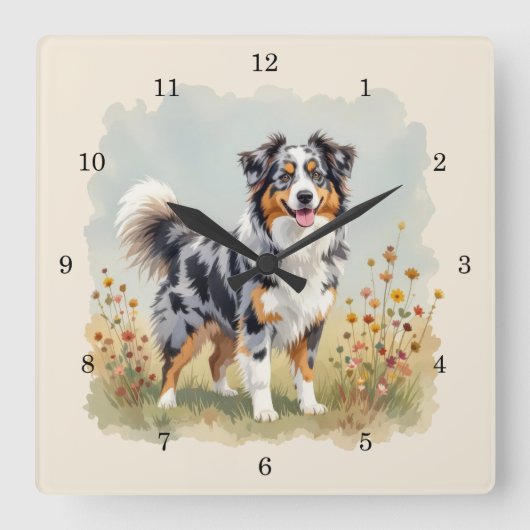 Australian Shepherd Dog Merle Long Tail スクエア壁時計 (正面)